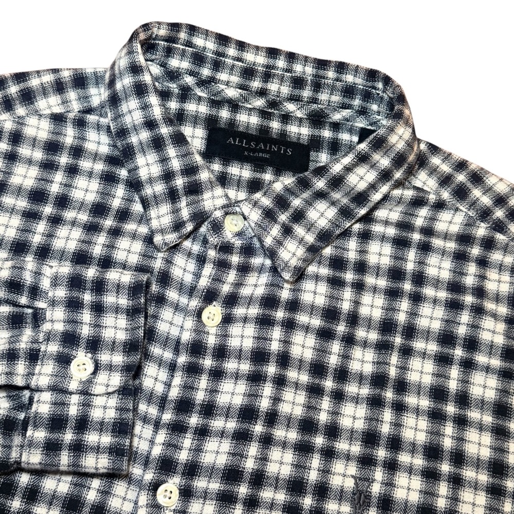 AllSaints Lexington Long Sleeve Shirt Mens XL Black Cream Check Flannel Cotton